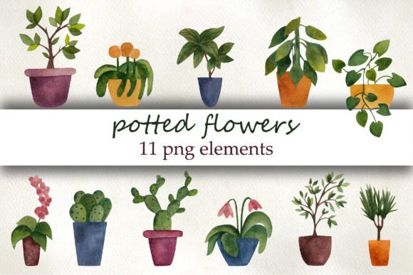 Download Potted Flowers, Watercolor Clipart - Potted flower Collection
