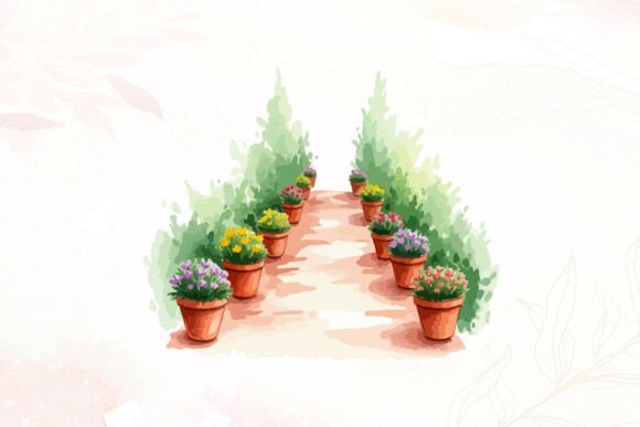 Download Watercolor Garden Path Potted Flowers - Potted flower Collection